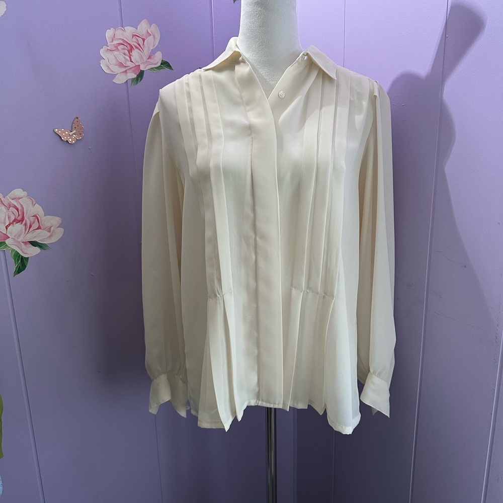 Off White Collared Pleated Blouse Size 14
